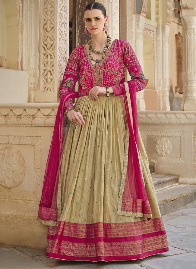 Silk Pink Bridal Wear Foil Print Readymade Anarkali Suit